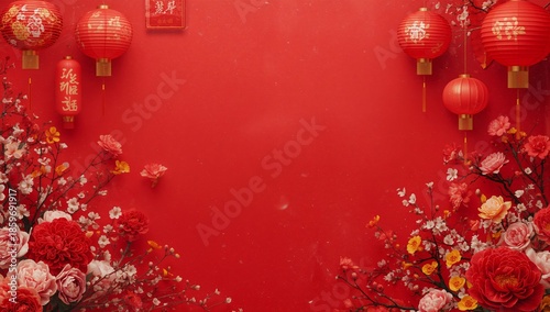 Red Background With Flowers and Lanterns for a Celebration Scene in a Festive...