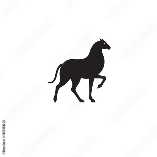 A minimalist black silhouette of a horse standing with a raised front leg on a white background