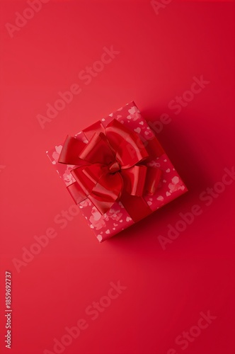 Gift Box With Red Ribbon on Red Background for a Celebration or Occasion Wait...