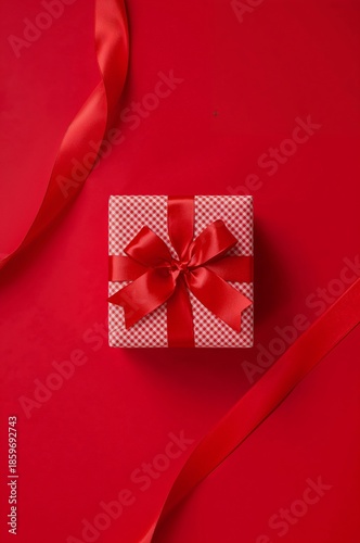 Gift Box With Red Ribbon on Red Background for a Celebration or Occasion Wait...