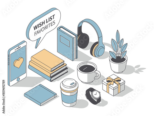 Wish List Favorites Isometric Vector Illustration. Modern 3D Geometric Style.