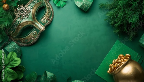 Green Decorations With Mask, Pot, and Leaves for Celebration in Festive Setting