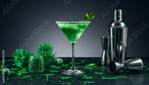 Green Cocktail on a Table With Decoration and Bar Tools in a Dark Setting