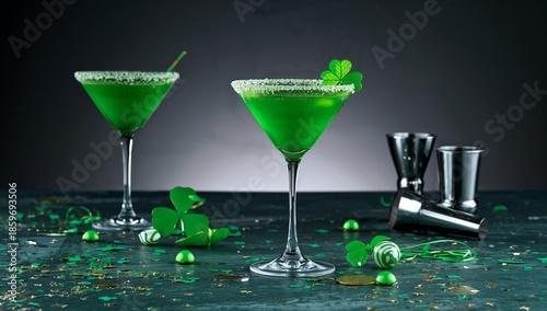 Green Cocktail on a Table With Decoration and Bar Tools in a Dark Setting
