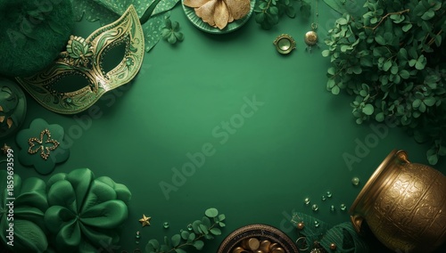 Green Decorations and a Mask for a Celebration in a Festive Setting During a ...
