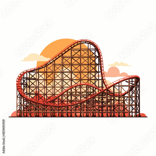 Thrilling wooden roller coaster ride with a warm sunset and clouds in the background, evoking excitement and fun.