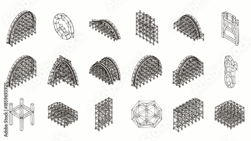 Collection of 3D architectural elements and structural components with geometric patterns