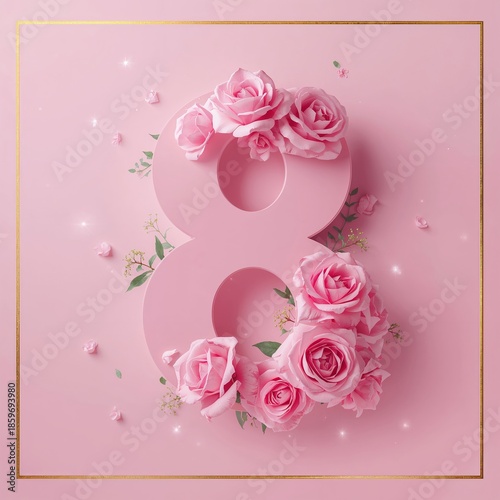 Number Eight Surrounded by Pink Roses on a Pink Background for Celebration