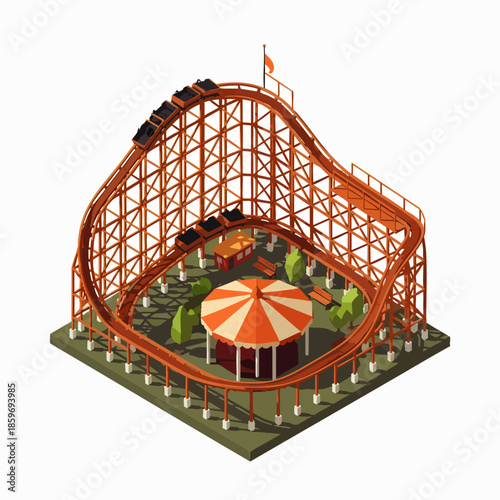 Isometric wooden roller coaster and carousel in an amusement park, funfair attraction, thrilling ride, entertainment, leisure, vector illustration