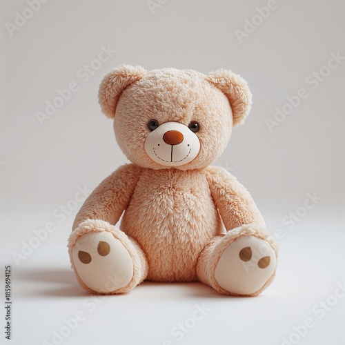 Soft Teddy Bear Sitting on a Plain Background, Showcasing Its Cute Features a...