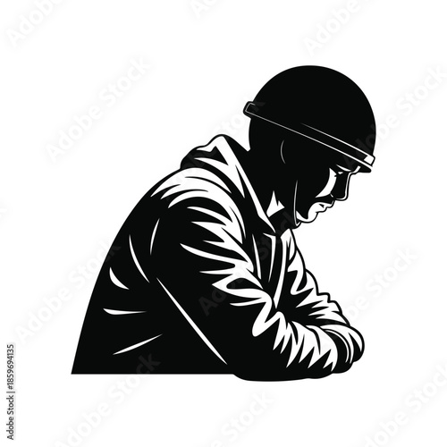 Silhouette of a soldier sitting in a thoughtful pose. Represents war, duty, stress, memory, and military life concepts.