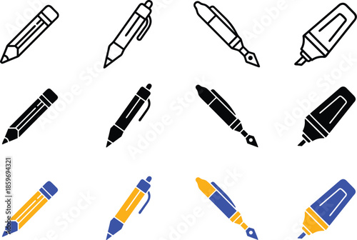 Professional office stationery and school supplies icon collection featuring writing pens pencils staplers drafting tools and organization accessories flat Vector Silhouette, Pictogram and Line Icon S