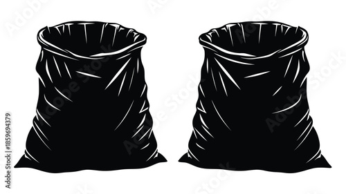 Two black sacks sketched in a vintage monochrome style side by side