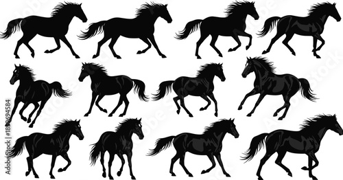 Horse running silhouettes, galloping motion study, animal locomotion, equine anatomy, black horse poses, dynamic movement, animation reference, graceful stride art