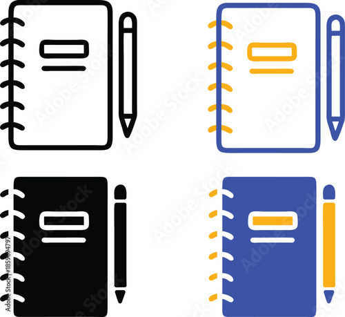 Spiral notebook with pen icons for creative journaling personal diary entry education planning and professional office meeting notes flat design Vector Silhouette, Pictogram and Line Icon Set.eps