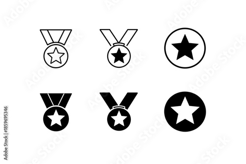 Set of star medal icons in outline and solid fill styles for achievement and recognition