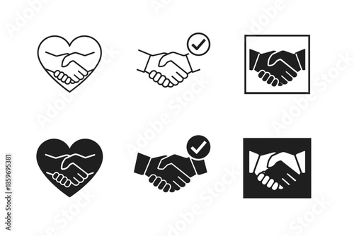 Handshake icons representing agreement, trust, and partnership in various styles