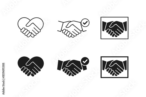 Set of handshake icons representing agreement, partnership, and trust in various styles