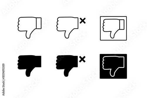 Set of thumbs down icons, representing disapproval, rejection, and negative feedback