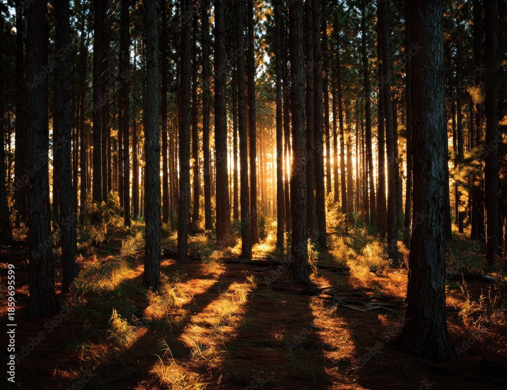 Fototapeta premium Sunlight filtering through a dense forest of tall trees.