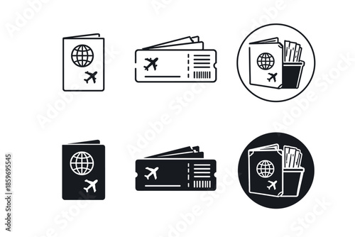 Set of travel icons: passport and boarding pass, line and solid styles
