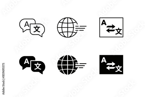 Set of translation icons with speech bubbles, globe, and text conversion symbols