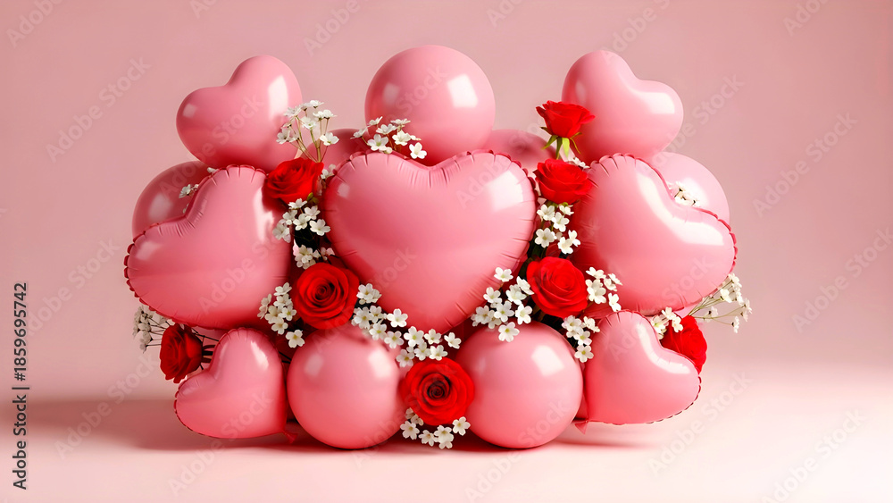 Obraz premium Romantic arrangement of pink heart-shaped balloons and red roses for Valentine's Day