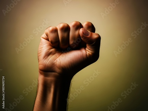 A clenched fist raised in determination or protest against a muted background