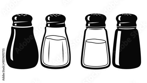 Four spice shakers in a row black and white graphic illustration