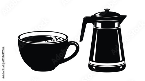 A black and white illustration of a coffee pot and a cup of coffee