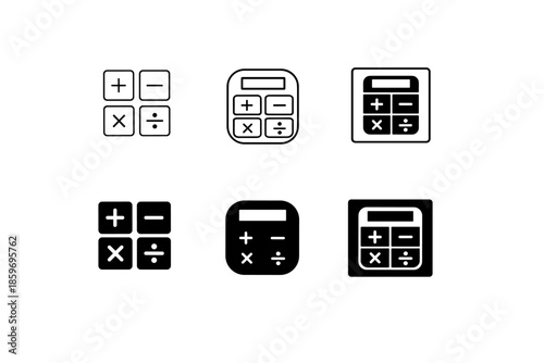 Collection of calculator icons in outline and solid styles for digital design