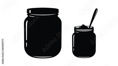 Simple black and white illustration of two mason jars with a spoon