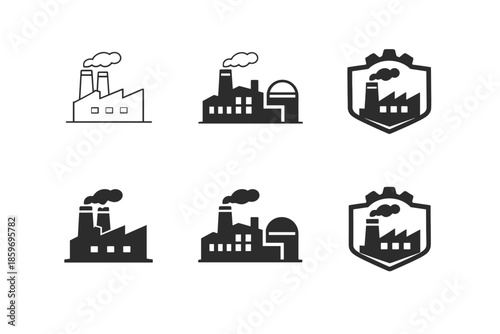 Collection of factory icons with smoke stacks and industrial buildings
