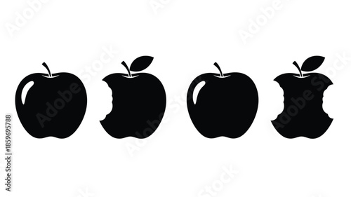 Four apples in varying stages of consumption depicted in black silhouette