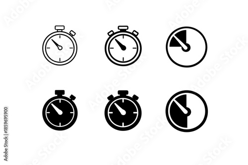 Set of stopwatch icons in outline and solid black styles for time measurement