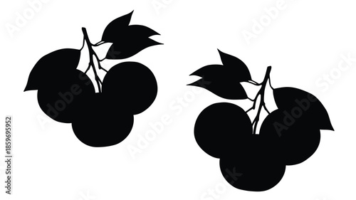 A simple black and white illustration of two clusters of apples with leaves