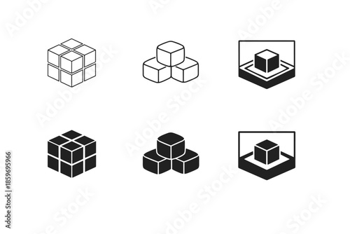 Set of cube icons in outline and solid fill, representing different arrangements and perspectives