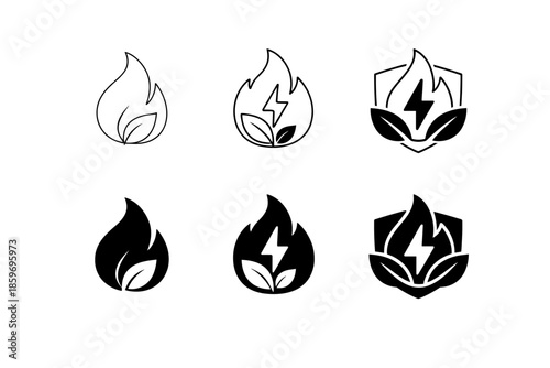Set of icons representing renewable energy, fire, and leaf symbols