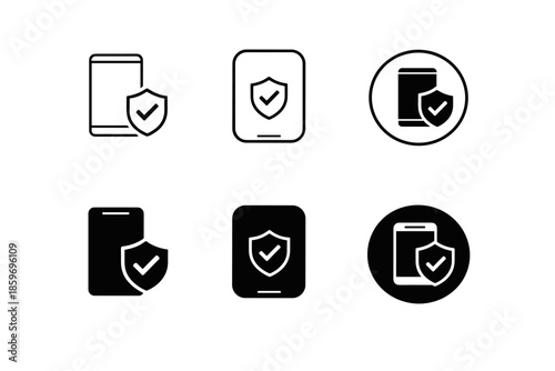 Mobile phone security icons with shield and checkmark in various styles