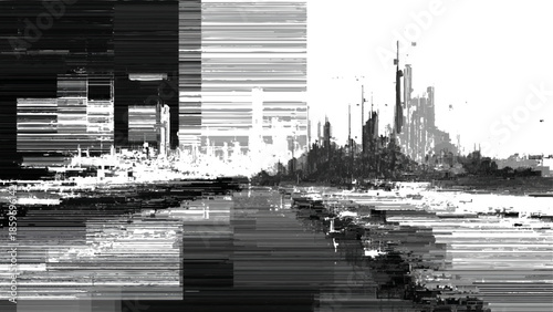 Glitchy cityscape with distorted skyscrapers and water reflection