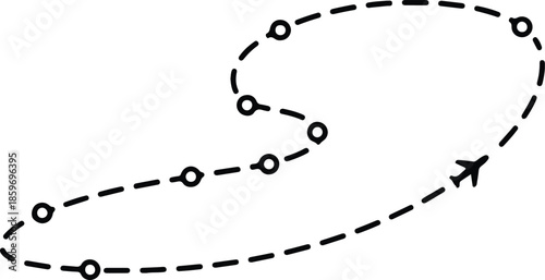 A simple black and white illustration shows an airplane following a dashed line path representing travel and