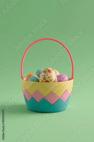 Decorated Eggs in a Colorful Basket on a Green Background for Spring Celebrat...