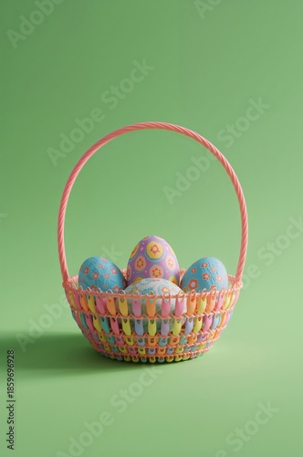 Decorated Eggs in a Colorful Basket on a Green Background for Spring Celebrat...