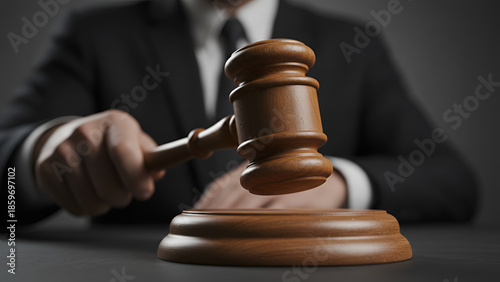 Judicial gavel in motion — courtroom symbolism, legal decision concept

