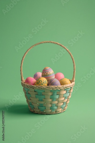 Colorful Basket Holds Decorated Eggs on a Green Background for a Spring Holid...