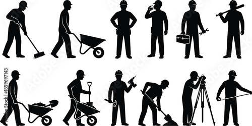 Collection of Construction Worker Silhouettes with Hard Hats and Tools like Shovel Drill and Wheelbarrow Isolated Vector Illustration