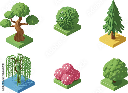 Isometric forest vegetation icon set with trees bushes and shrubs for game assets maps illustrations nature design projects