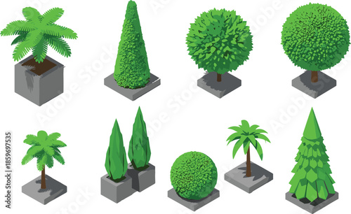 Isometric green trees and shrubs collection, urban landscaping plants in pots, topiary bushes, vector illustration set for modern garden design