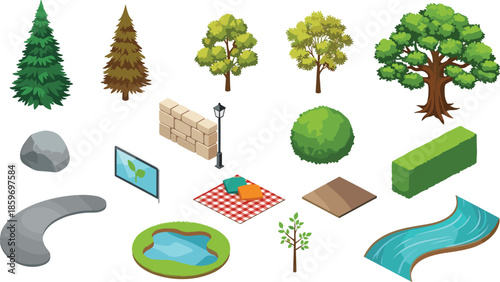 Isometric Park Landscape Elements Set with Trees, River, Rocks, Bushes, Picnic Area and Urban Outdoor Nature Assets IllustrationWeb