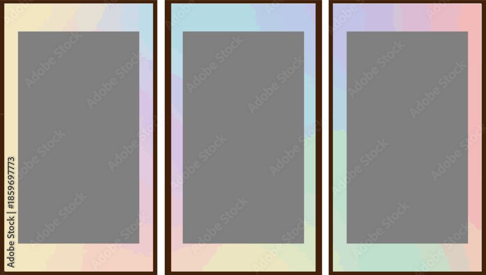 Fototapeta premium Three rectangular frames with iridescent borders and gray centers